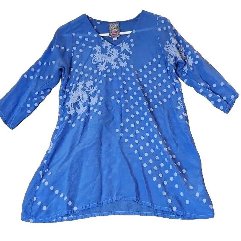 Johnny Was Rion Soleil Tunic Sz XS Blue Embroidered Boho Colorful Festival
